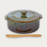 Loire ceramic brie baker in reactive olive glaze with lid and timber spreader
