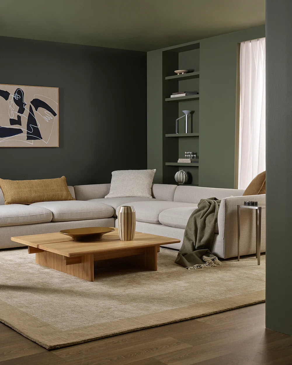 Baya Mayfair Floor Rug in wheat with linen stripes and solid border, hand-knotted wool pile