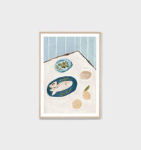 Framed Mediterranean inspired painterly print with fish and olives on table from Middle of Nowhere Collection