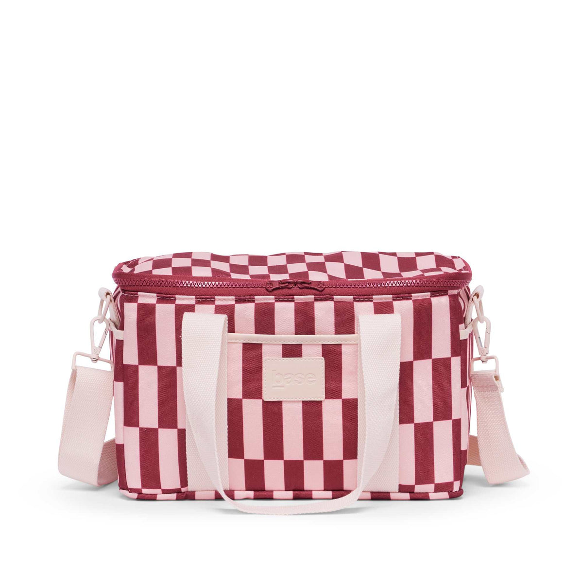 Base Supply Midi Cool insulated burgundy and peony check cooler tote with adjustable strap and zip closure