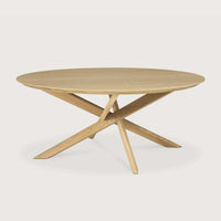 Ethnicraft Oak Mikado round coffee table with solid oak top and sculptural base in natural finish