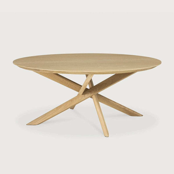 Ethnicraft Oak Mikado round coffee table with solid oak top and sculptural base in natural finish