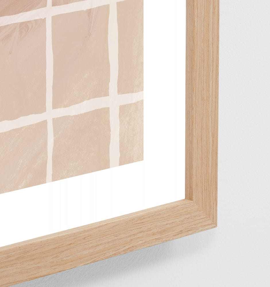 Framed Middle of Nowhere Modern Posy Dark 1 print with beige abstract grid design and oak frame