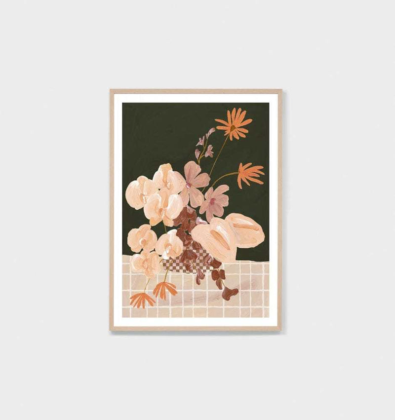Modern Posy Dark 1 floral print from Middle of Nowhere collection framed in oak with white border