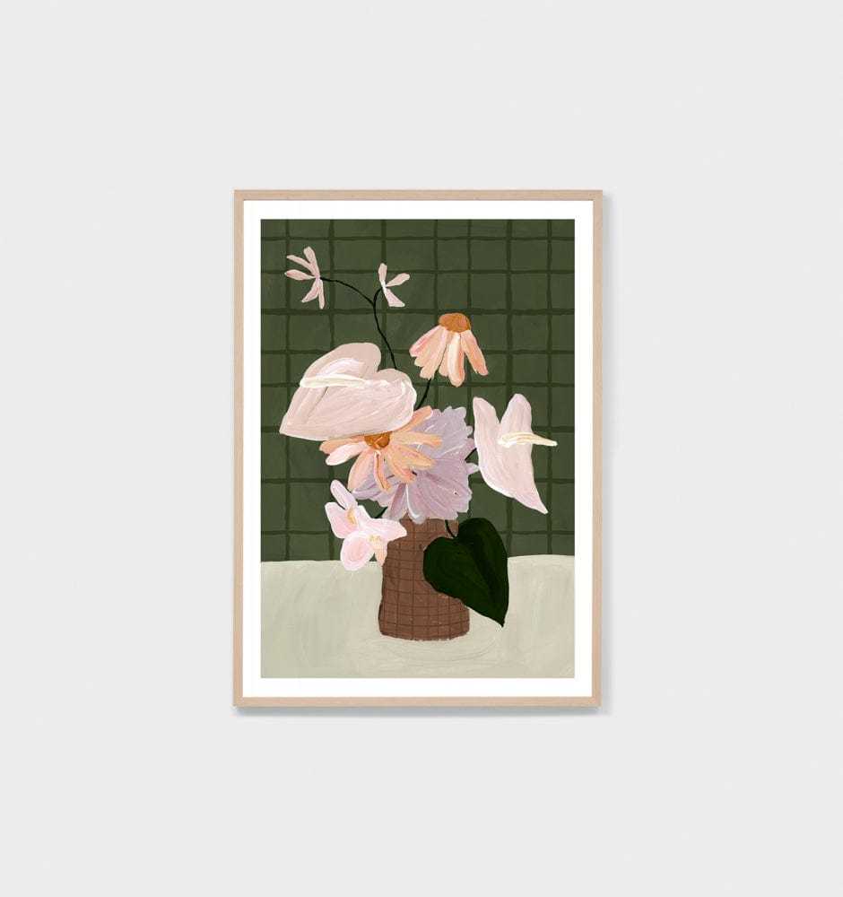 Modern Posy Dark 2 floral print with pastel flowers in a brown vase, framed in oak, part of Middle of Nowhere collection