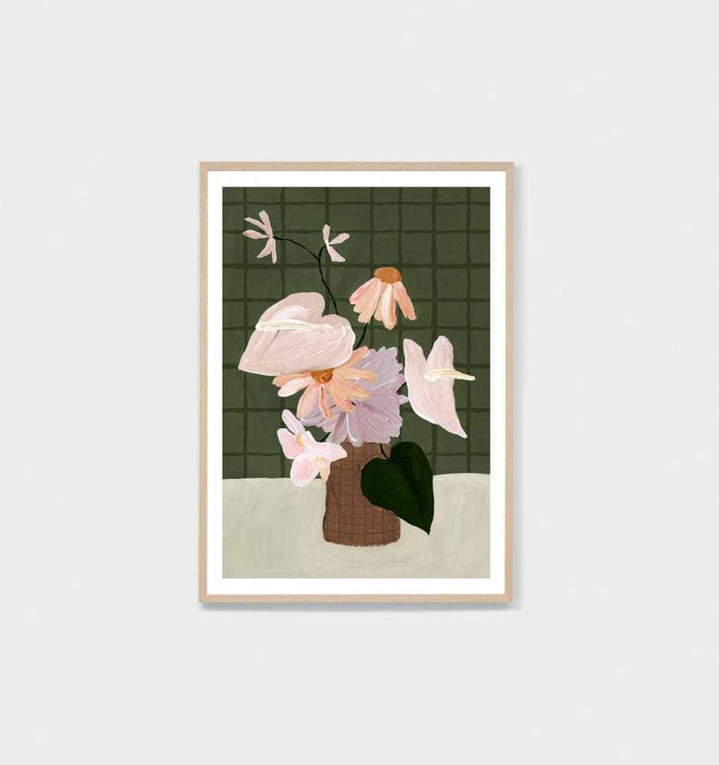 Modern Posy Dark 2 floral print with pastel flowers in a brown vase, framed in oak, part of Middle of Nowhere collection