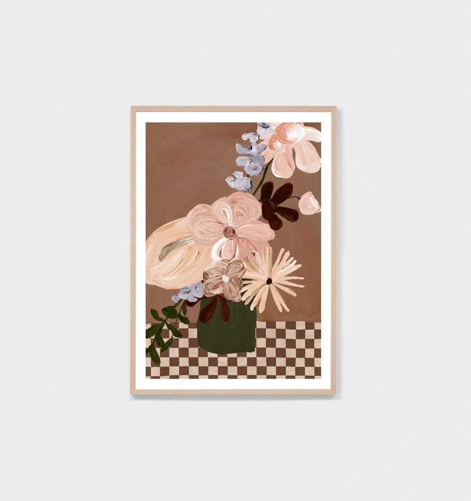 Modern Posy Dark 3 floral print from Middle of Nowhere collection framed in oak with white border and glass.