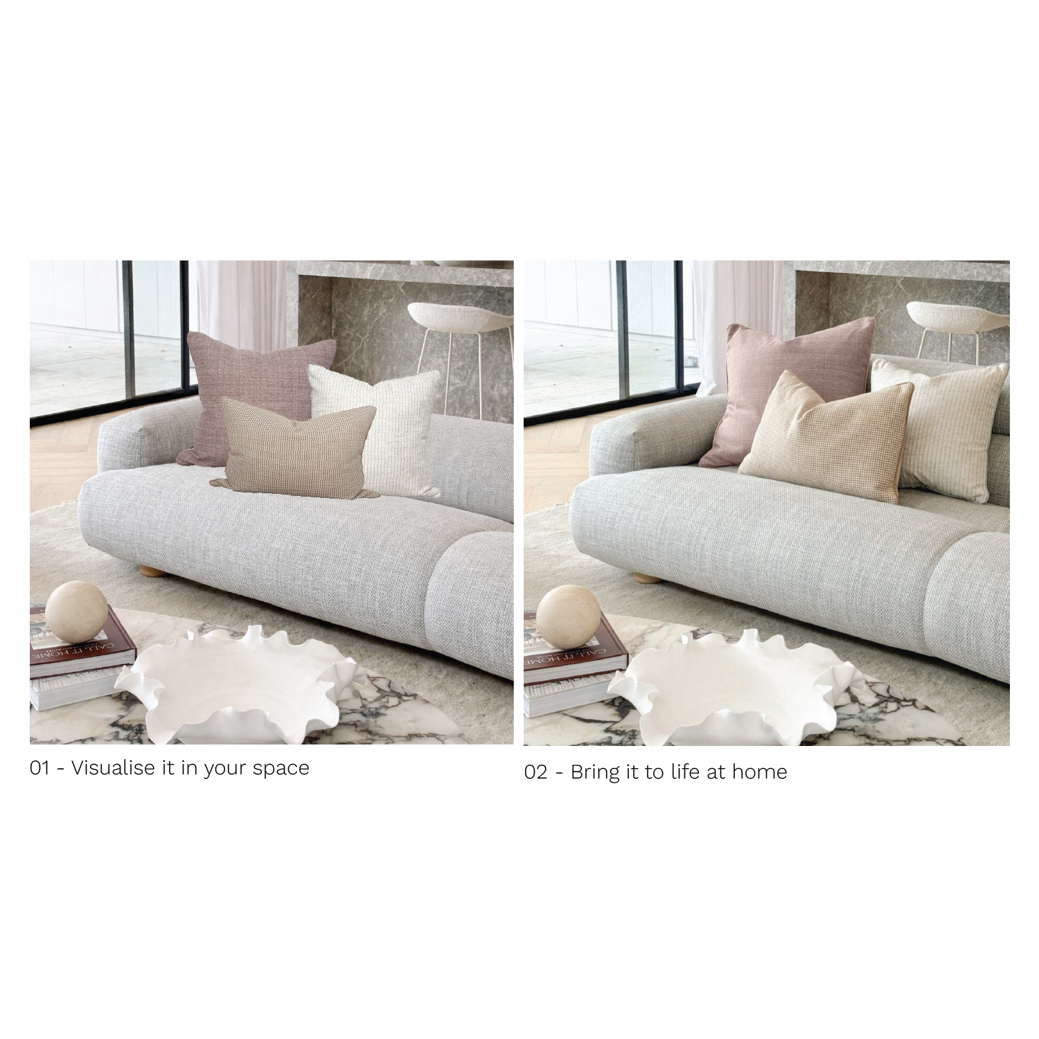 Virtual styling service by norsu DESIGN edit offering curated cushion combinations for sofas or beds