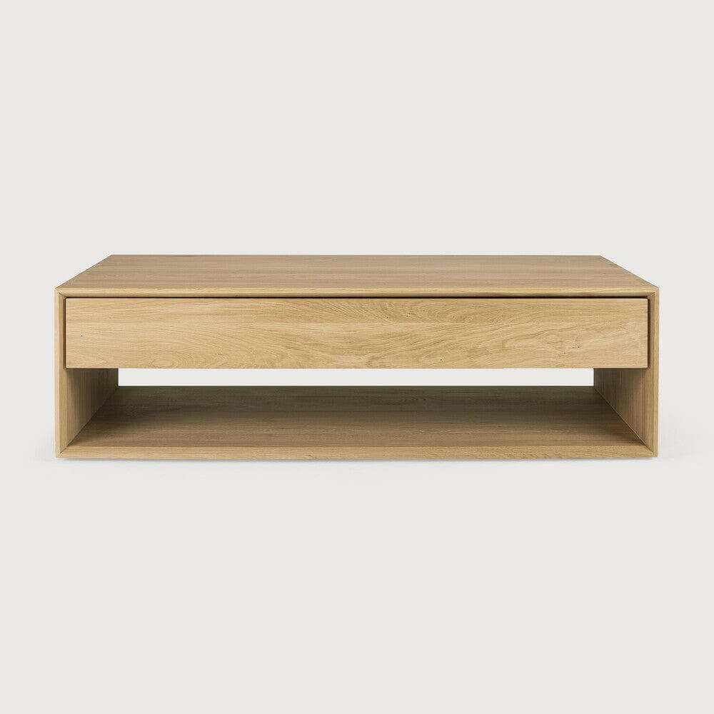 Ethnicraft Nordic Coffee Table in natural oak with one drawer and open shelf storage, made from solid European Oak.