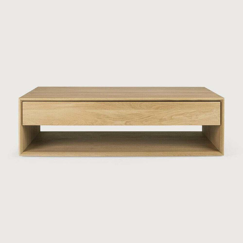 Ethnicraft Nordic Coffee Table in natural oak with one drawer and open shelf storage, made from solid European Oak.