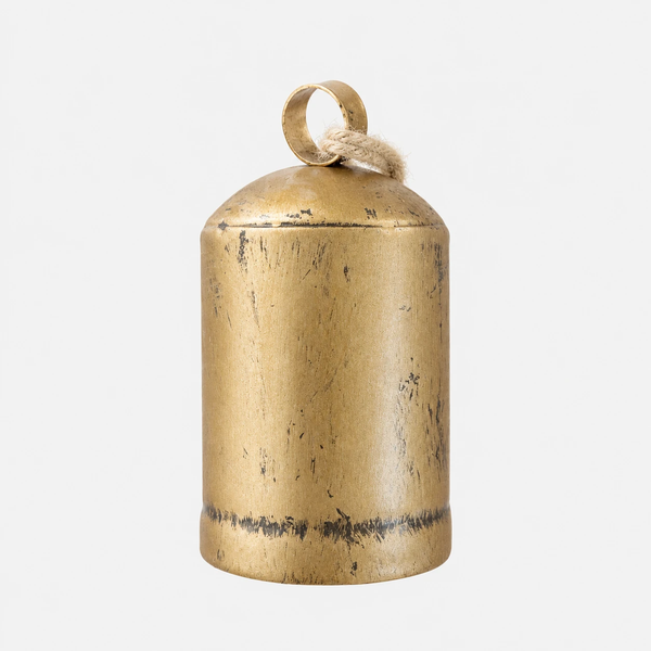 Antique gold metal bell on a natural jute cord, 7cm high