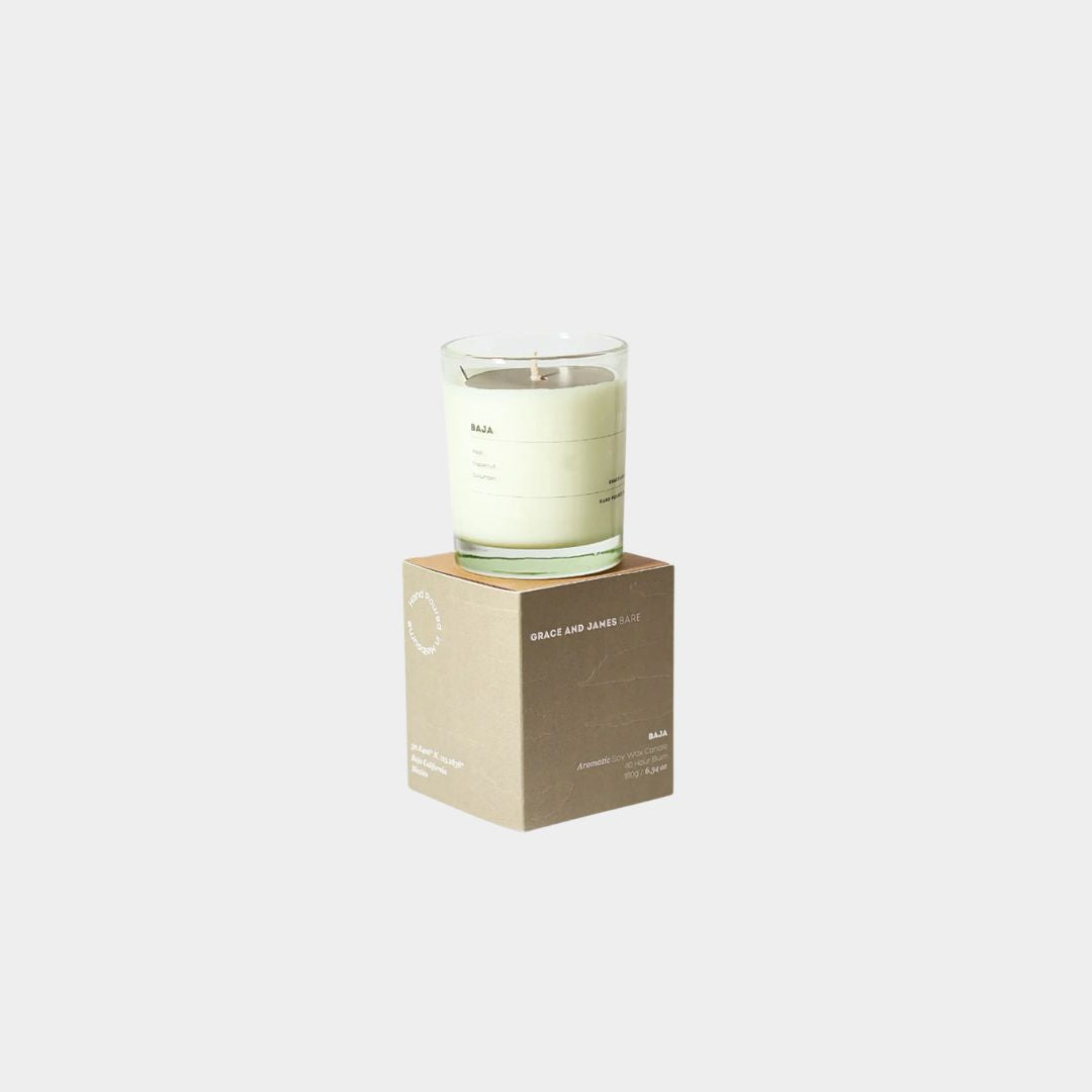 Grace and James Baja scented candle with basil, grapefruit, and cucumber fragrance in soy wax container