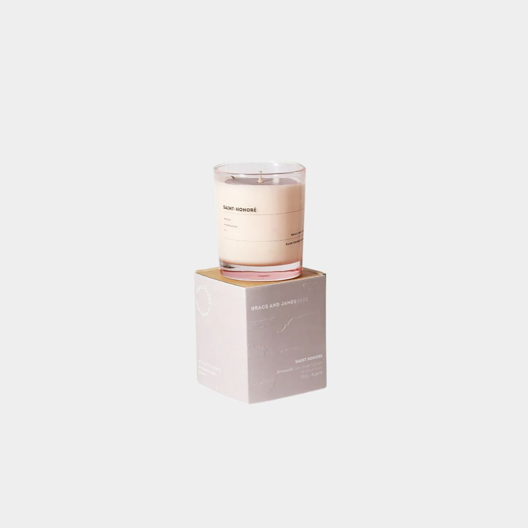 Grace and James Saint Honoré scented candle with saffron, amberwood, fir, 80-hour burn, double wick, eco-friendly soy wax