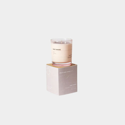 Grace and James Saint Honoré scented candle with saffron, amberwood, fir, 80-hour burn, double wick, eco-friendly soy wax