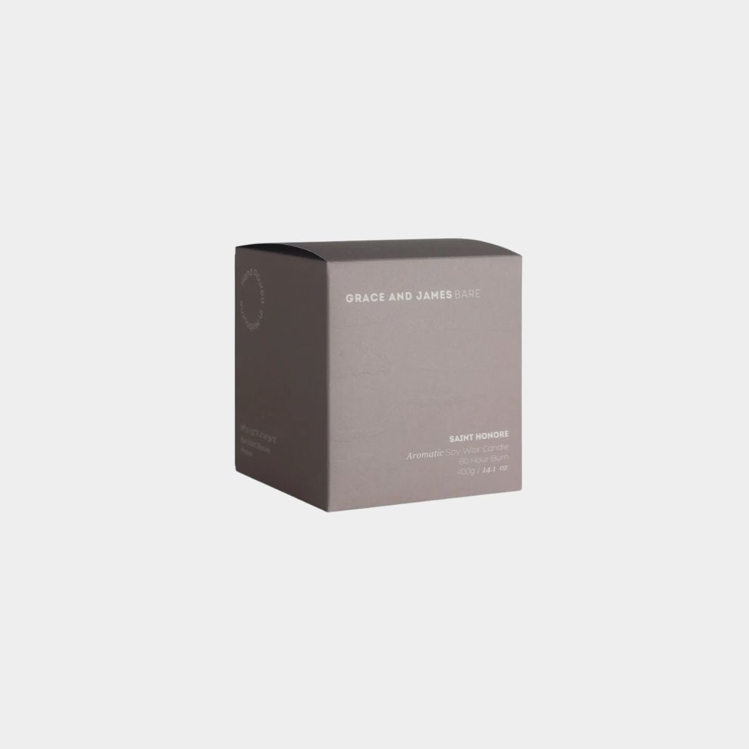 Grace and James Saint Honoré scented candle with saffron, amberwood, and fir in eco-friendly soy wax, 80-hour double wick burn