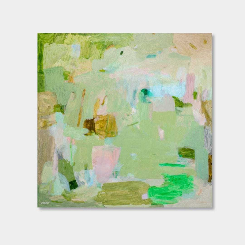 Abstract limited edition print titled Lovely Day by Vanni with soft green, pink, and beige tones on canvas
