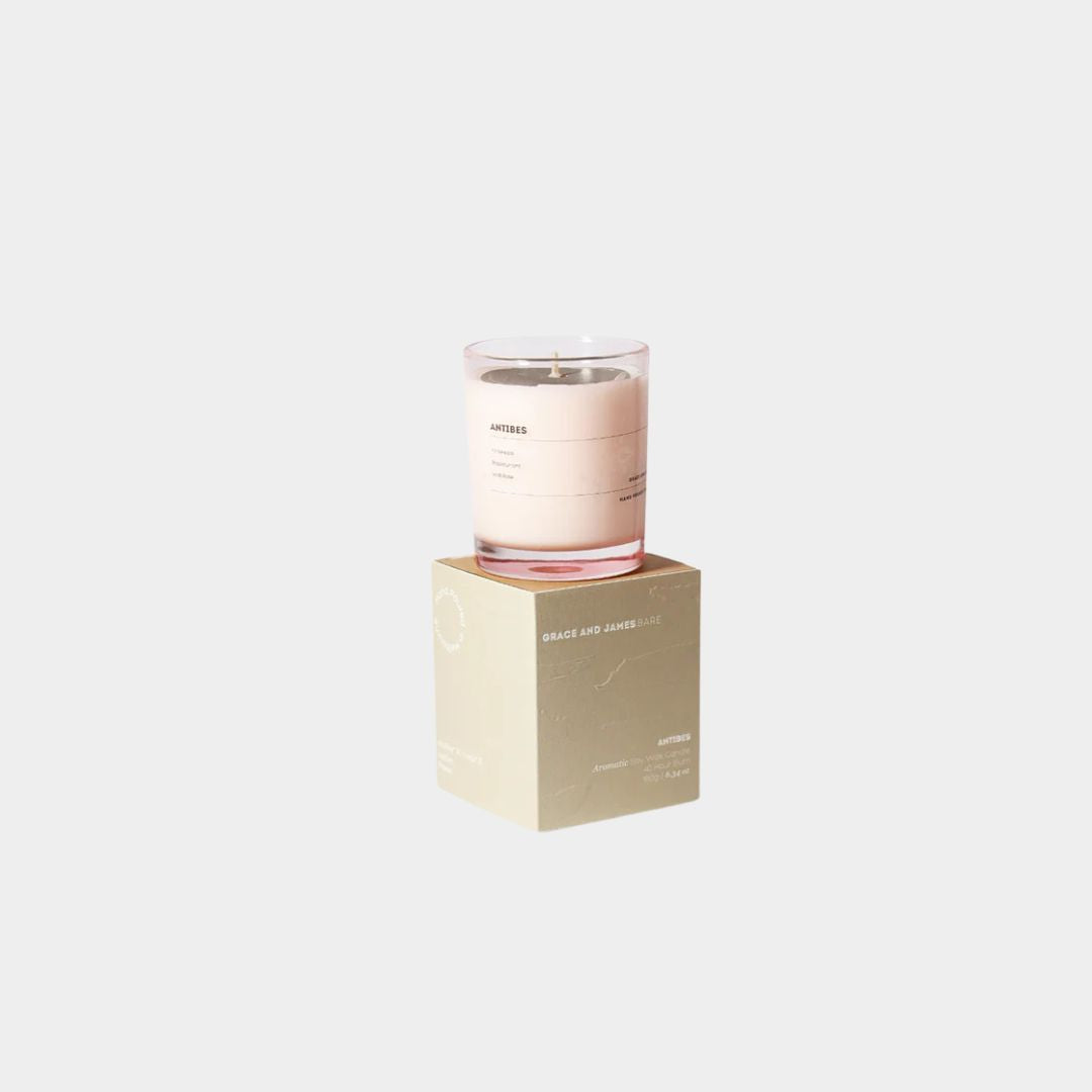 Grace and James Antibes scented candle with fir needle, blackcurrant, and wild rose scent, 100% soy wax, single wick, 40-hour burn time