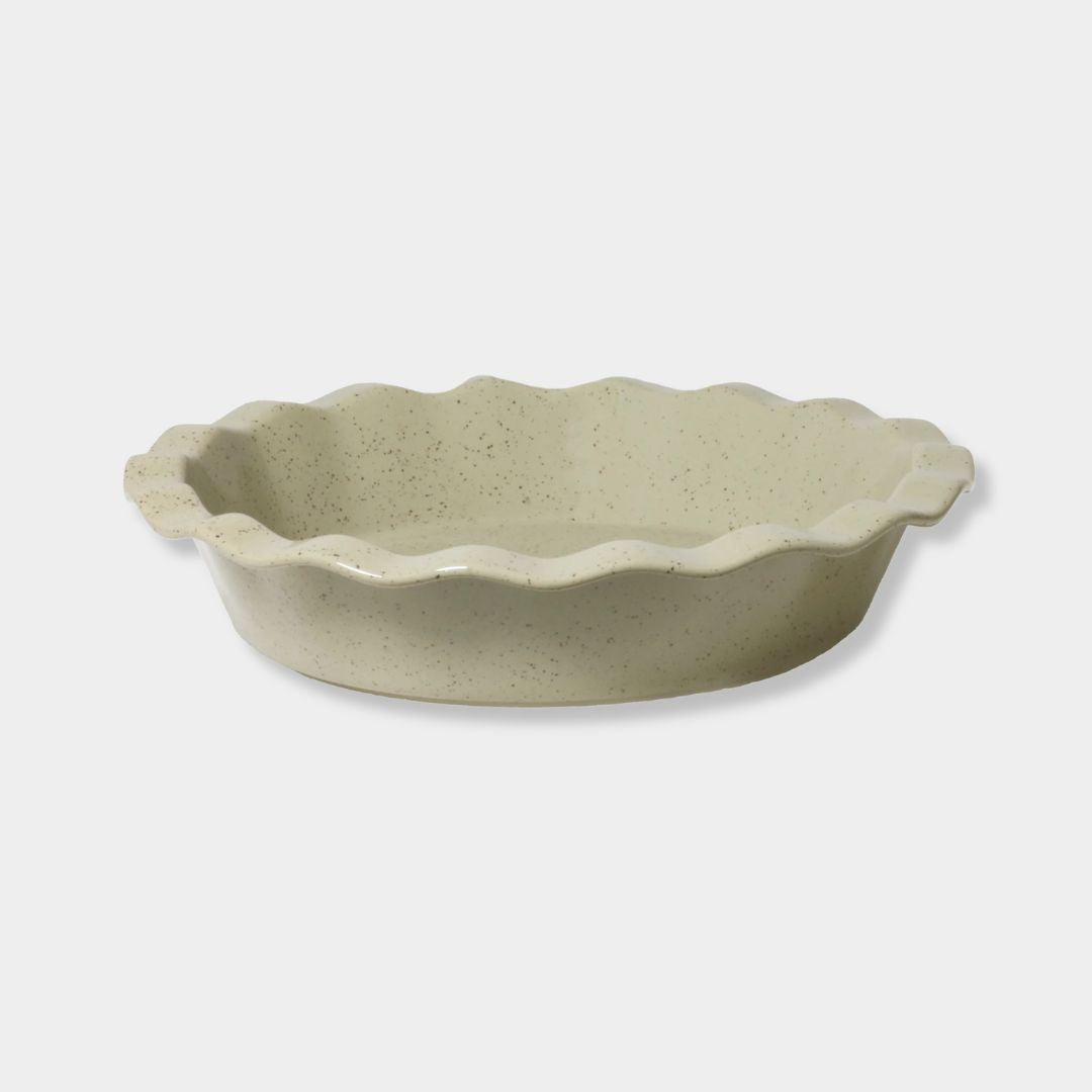 Robert Gordon Kitchen Life stoneware pie dish with green reactive glaze and leaf design