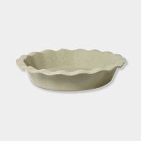 Robert Gordon Kitchen Life stoneware pie dish with green reactive glaze and leaf design