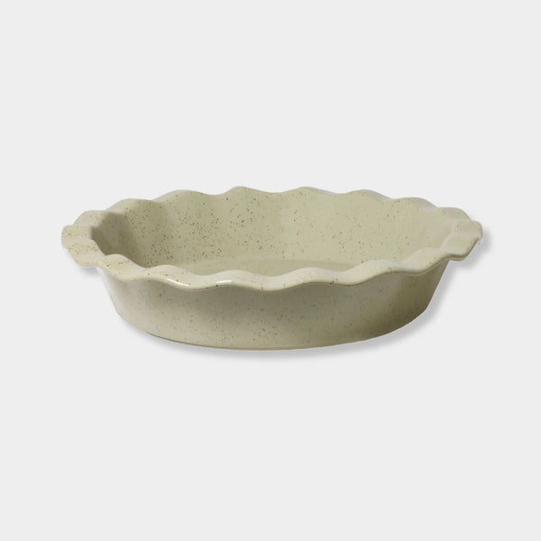 Robert Gordon Kitchen Life stoneware pie dish with green reactive glaze and leaf design