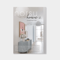 Digital magazine cover for norsuHOME 2 Chapter Six featuring practical design tips for laundry, mudroom, hallway, and powder room interiors.