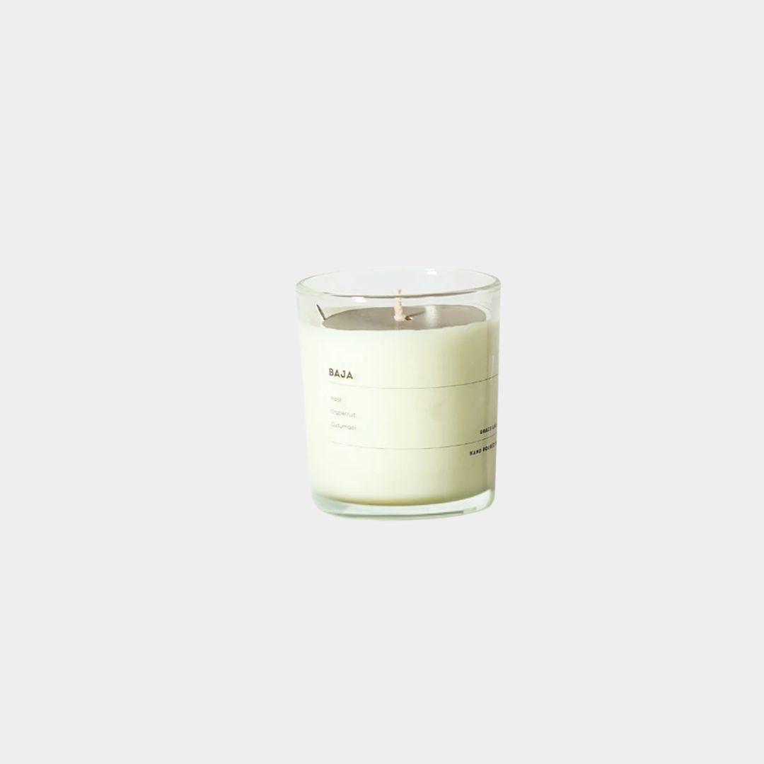 Grace and James Baja scented candle with basil, grapefruit, and cucumber aroma in eco-friendly soy wax