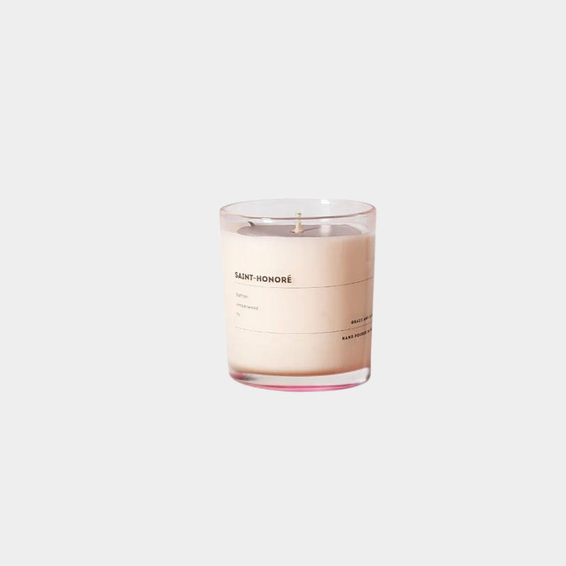 Grace and James Saint Honoré scented candle with saffron, amberwood, fir, double wick, and 80-hour burn time
