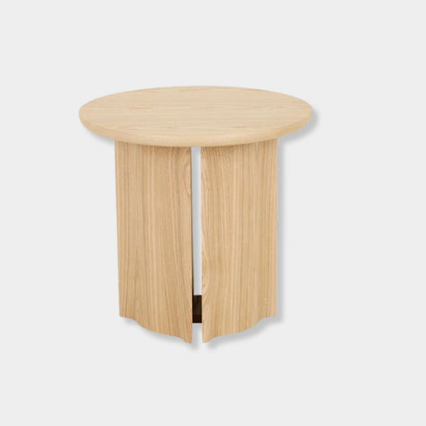 GlobeWest Leon Side Table in natural ash veneer with sculptural pillar base and demi-bullnose edges