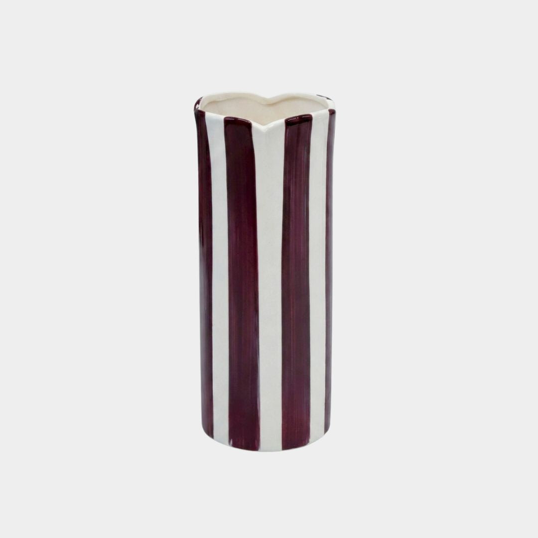 norsu Studio Flow handpainted ceramic petal vase with burgundy and soft blue stripes, large scalloped rim design