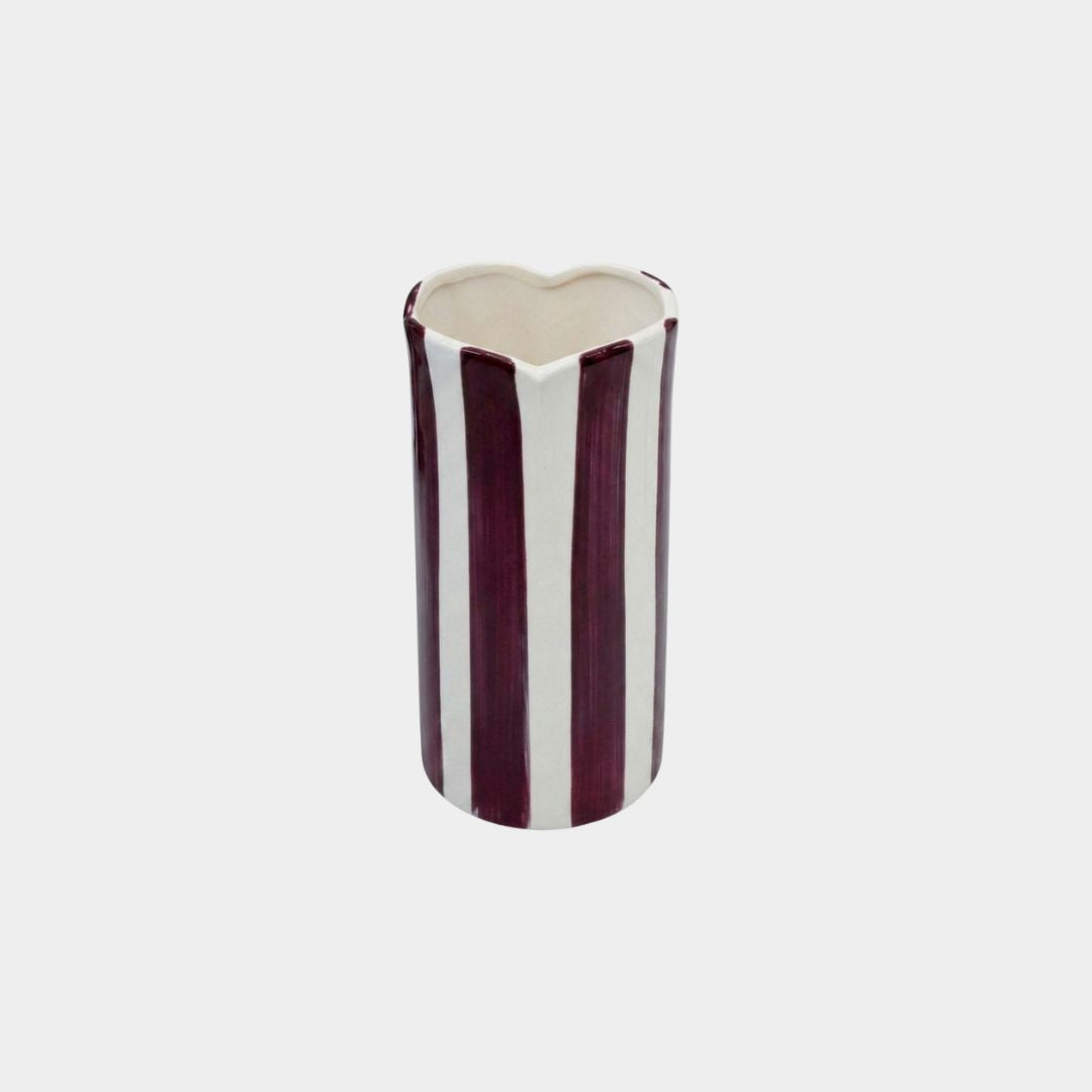 norsu Studio Flow handpainted ceramic petal vase with burgundy and soft blue stripes and scalloped rim