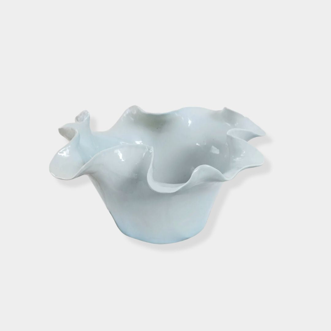 norsu Studio Flow soft blue sculptural ceramic bowl with ruffled edge and glossy finish
