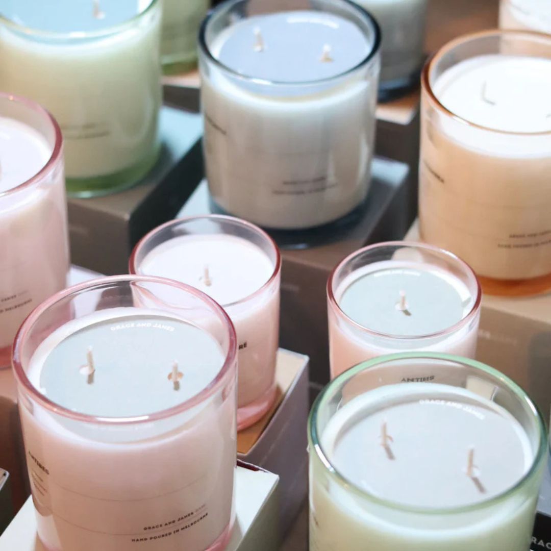 Grace and James Antibes 80hr scented candle with fir needle, blackcurrant, and wild rose fragrance in eco-friendly soy wax