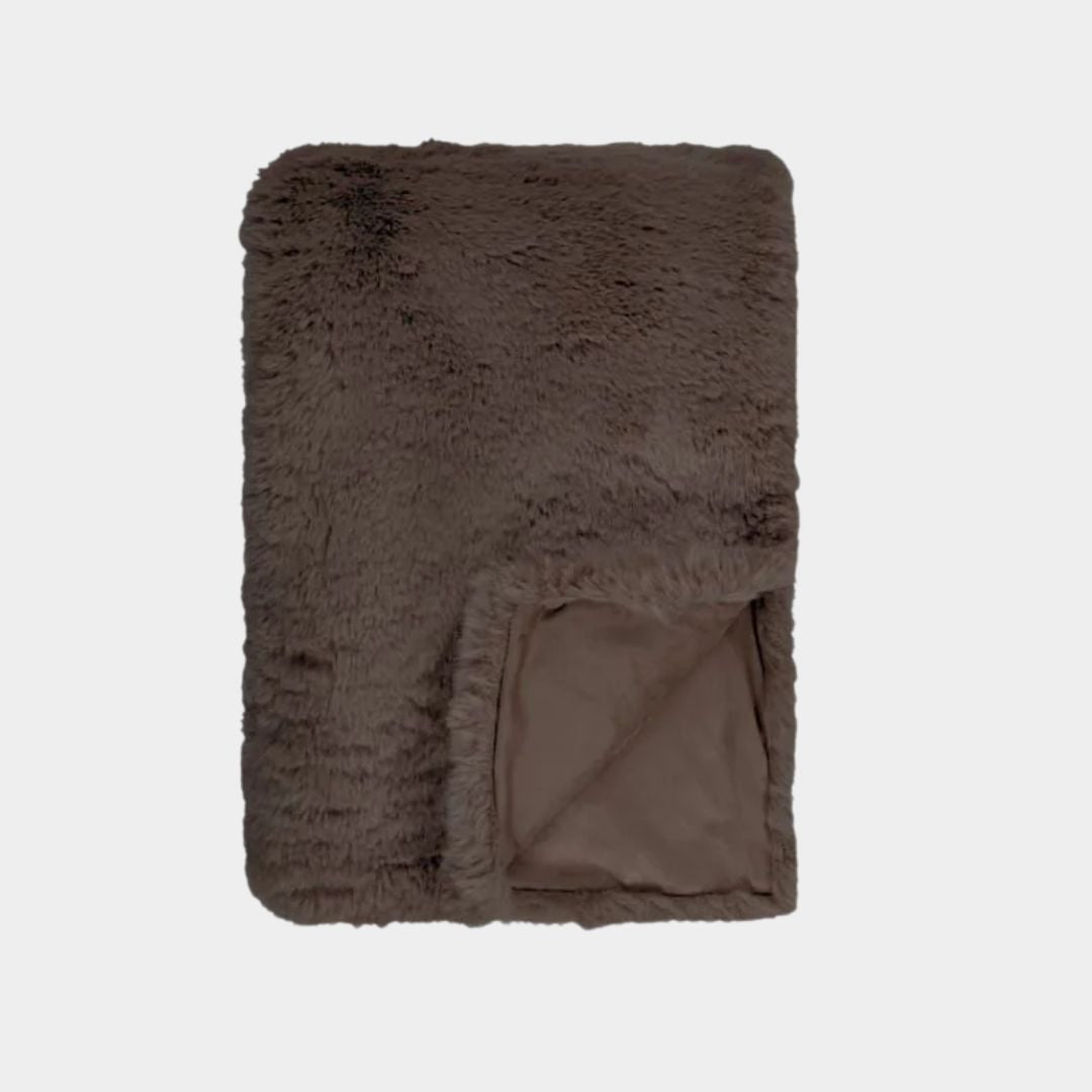 Pelage Faux Fur Throw in chocolate brown, soft dense 30mm pile, 125x150cm synthetic fur blanket with faux suede backing