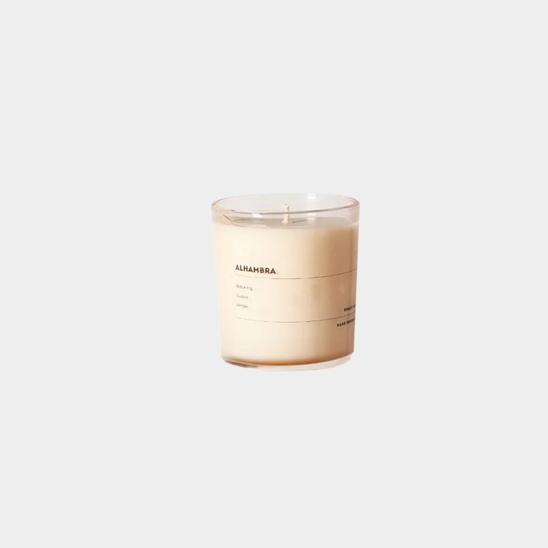 Grace and James Alhambra scented candle with black fig, guava, and amber fragrance in eco-friendly soy wax
