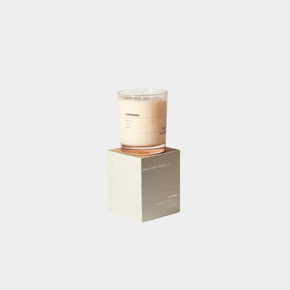 Grace and James Alhambra scented candle with black fig, guava, and amber notes in eco-friendly soy wax