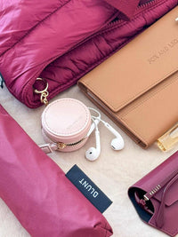 Fox and Leo eye catcher bag charm in blush leather with gold hardware and microfibre cleaning cloth