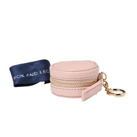 Fox and Leo leather bag charm in blush with gold hardware and microfibre cleaning cloth
