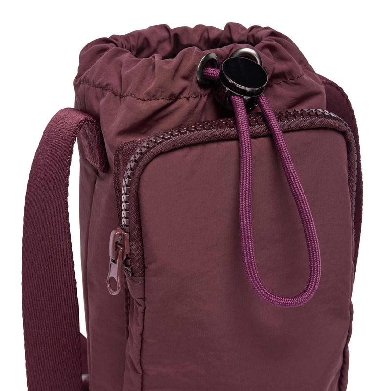 Base Supply Bottle Sling Burgundy waterproof compact crossbody bag with drawstring top and front zipped pocket