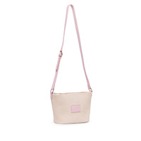Base Supply Panier Crossbody pink woven straw bag with adjustable strap and zip-top closure