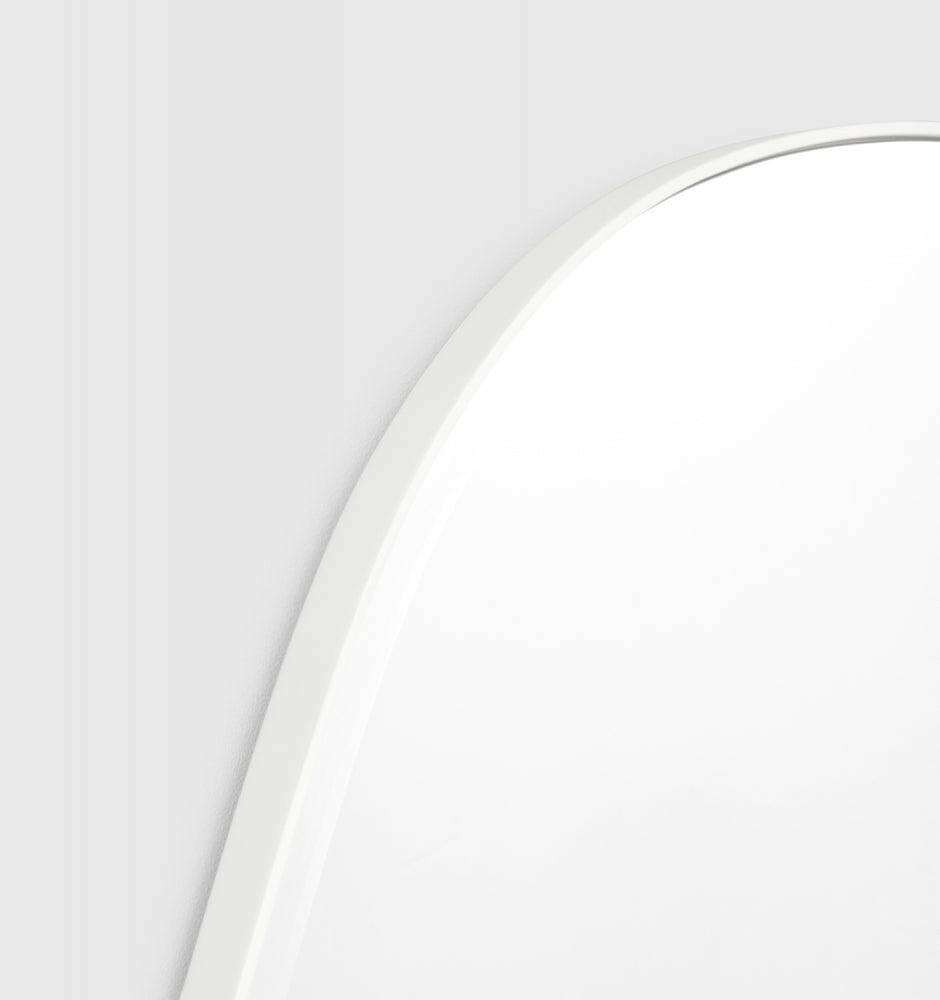 Middle of Nowhere Pebble Mirror in bright white with organic shape, 90 x 150 cm, modern minimalist design for hallway or living room.