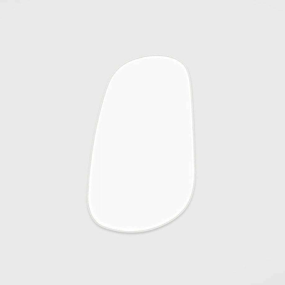 Middle of Nowhere Pebble Mirror in bright white with an organic, asymmetrical shape, 90 x 150 cm, modern minimalist design.