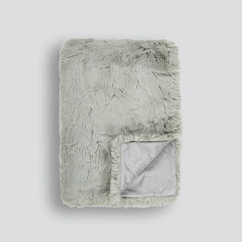 Pelage Faux Fur Throw in seafoam with dense, soft 30mm pile and faux suede backing