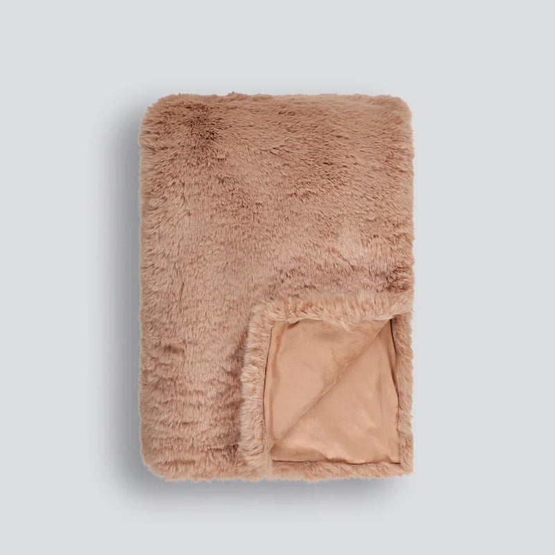 Pelage Faux Fur Throw in Toasted Coconut color with dense, soft 30mm faux fur and faux suede backing