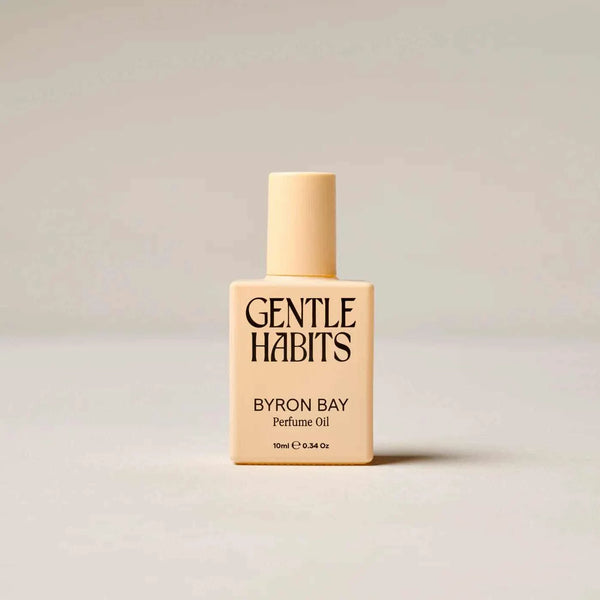 Gentle Habits Roll-On Perfume Oil Byron Bay in beige refillable bottle, alcohol-free and coconut oil infused for gentle skin care.