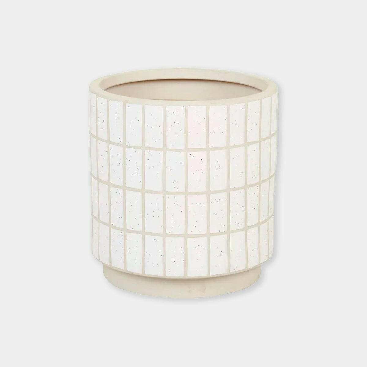 GlobeWest Hanson Alo Planter in white speckle tile ceramic with modern cylindrical design for indoor and outdoor use