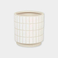 GlobeWest Hanson Alo Planter in white speckle tile ceramic with modern cylindrical design for indoor and outdoor use