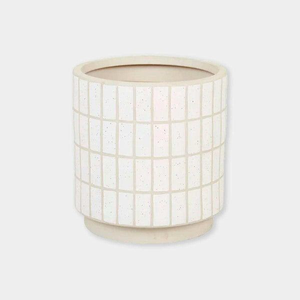 GlobeWest Hanson Alo Planter in white speckle tile ceramic with modern cylindrical design for indoor and outdoor use