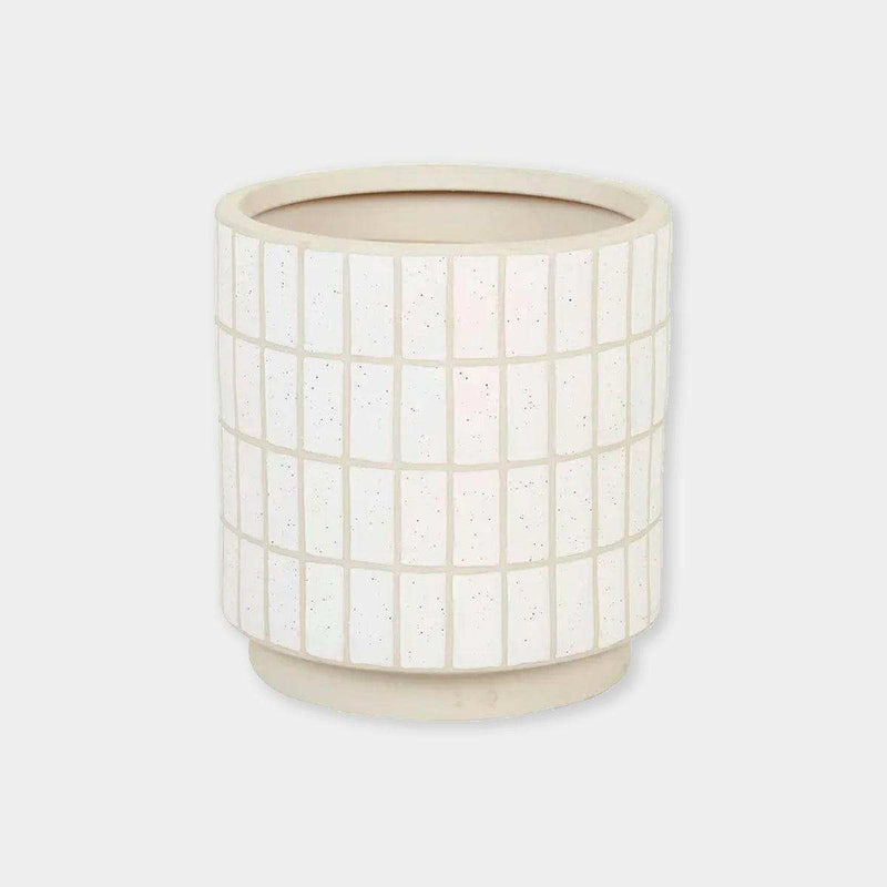 GlobeWest Hanson Alo Planter in white speckle tile ceramic with modern cylindrical design for indoor and outdoor use