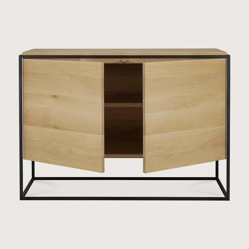 Ethnicraft Oak Monolit sideboard with two doors, solid oak wood and black powder-coated metal frame, minimalist industrial design