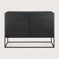 Ethnicraft Oak Monolit black tainted solid oak sideboard with two doors and black metal frame.